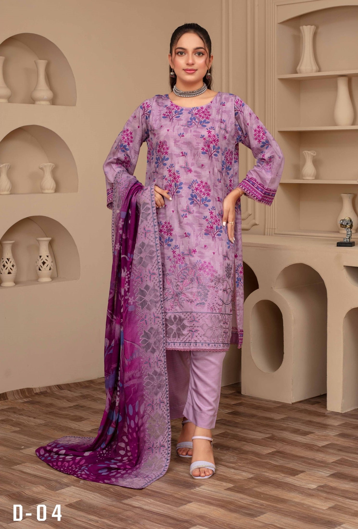 3-Piece Embroidered Viscose Suit NM#04