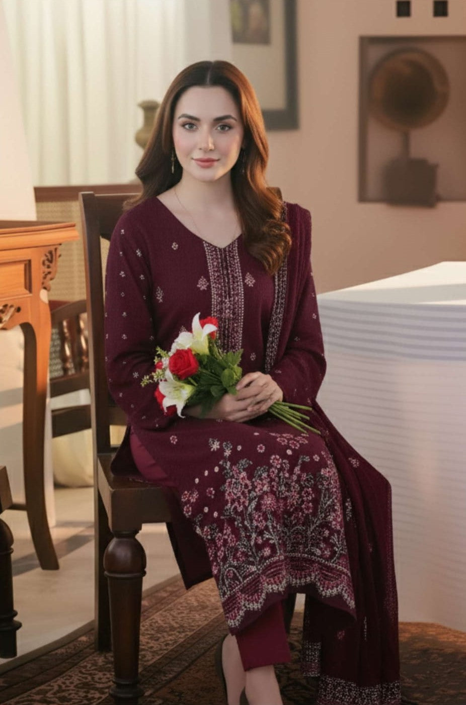 3-Piece Embroidered Peach Suit NF#05