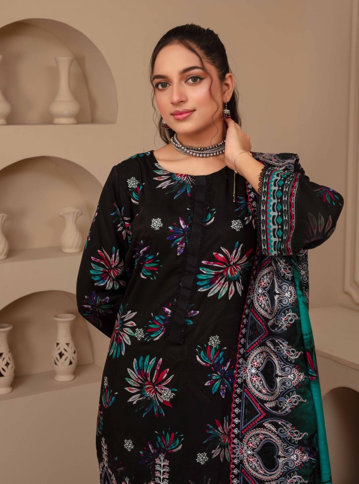 3-Piece Embroidered Viscose Suit NM#08